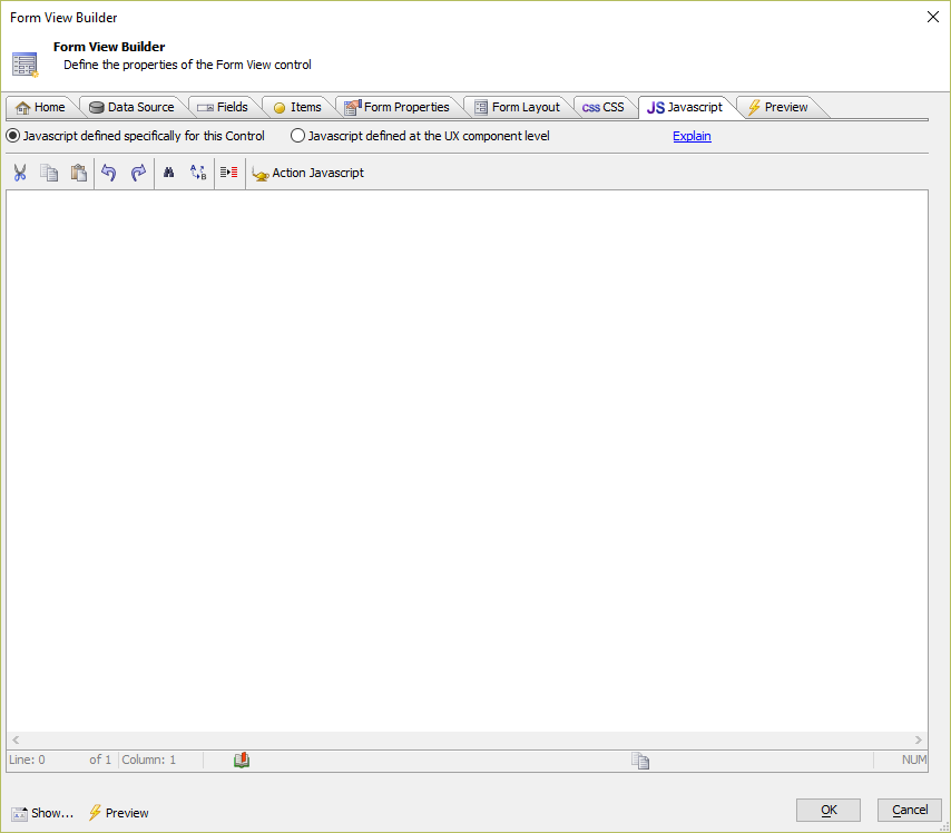The Form View Builder Javascript Tab.